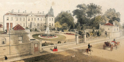 Hand coloured engraving of Radcliffe Infirmary as it was between 1863 and 1865